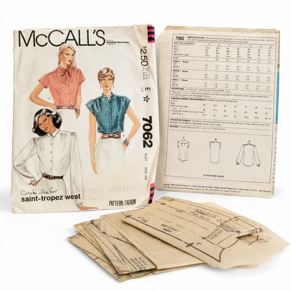 McCall's 7062 Blouse Pattern Misses Size 12 Multi Color Good Vintage 80s Carole